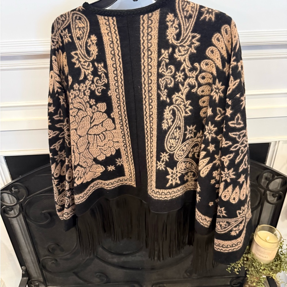 Chico's Black and Brown Patterned Fringe Cardigan - Picture 2 of 6
